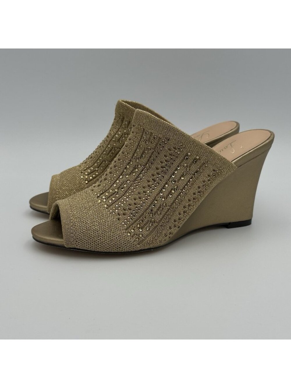 Lauren Lorraine Martha Sandals Women’s Size 6.5 Gold Wedge Heels Stretch Sparkle